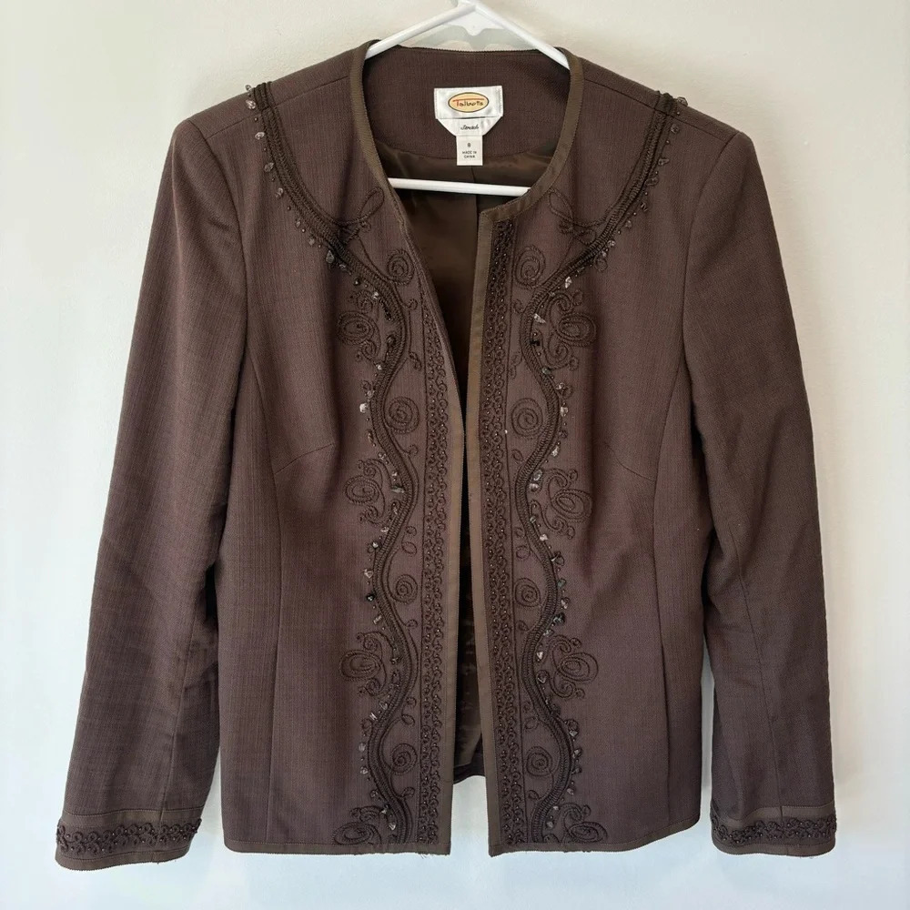 Talbots Chocolate Brown Beaded Embroidered Suit Jacket Blazer Business